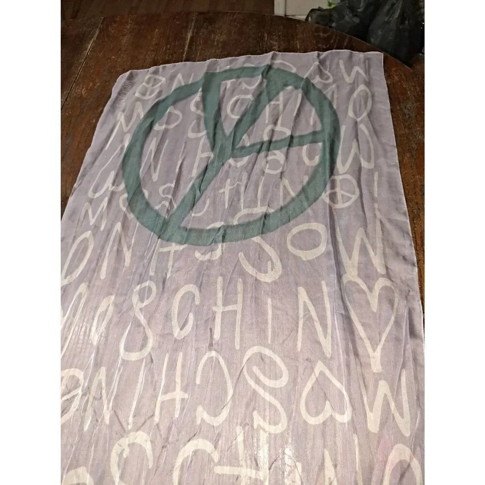 Moschino Silk Purple White Blue Scarf Wrap Logo Peace Sign Heart